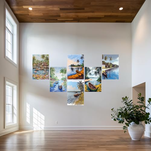 Image of SiddArtify Tropical Island Boats Art Print Set - 300GSM Board - 12x18 Inch - Pack of 6 Wall Room Decoration art Poster Prints