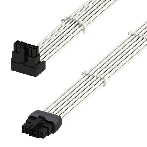 Image of LINKUP - AVA Left Angle 600W PCIE 5.0 16Pin (12+4) High Current Power Cable | Molded & Soldered Type 16AWG Sleeved | Compatible with RTX5000 RTX4000 RTX3000 FE | 70cm White