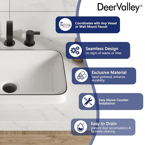 DeerValley Vessel Sink Rectangular, 18.9"x11.61" White Semi Recessed Bathroom Sink with Black Rim Ceramic Porcelain Rectangle Bathroom Vessel Sink Above Counter Vanity Sink Basin DV-1V0235