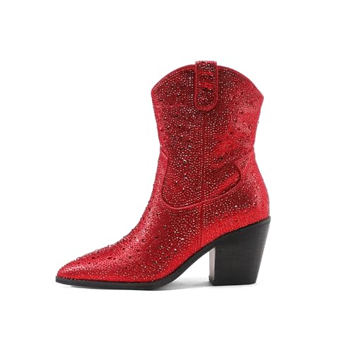 Women's Western Rheinstone Cowboy Boots Block Heel Pointed Toe Flash Ankle Boots for Outdoor Party Side Zip Comfort Booties2