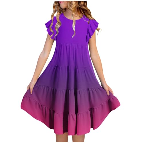Girls Ruffle Sleeve Swing Dress Tie Dye Gradient Flowy Casual Pleated Smocked Dresses Teen Kids Summer Loose Skirts
