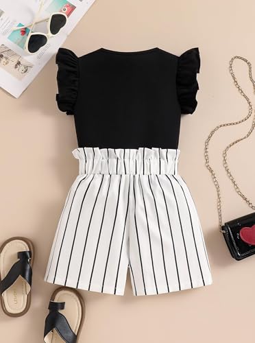 Image of Girls 2 Piece Outfits Summer Ruffle Sleeve Top and High Waisted Striped Shorts Set for Girls 7-14