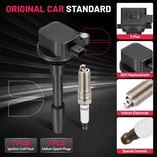 Image of BDFHYK 7 Ignition Coil Pack UF835 and 7 Iridium Spark Plug 95605 Compatible with F150 Mustang 2018 2019 2020 2021 V8 5.0L Coil for JR3Z12029A DG565 5C2272