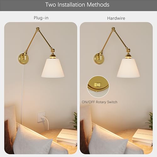 Image of Plug in Wall Sconce, Gold Adjustable Swing Arm Wall Lamp, 1 Pack | Fabric Lampshade, Plug-in or Hardwired, E26 Base, 6.6FT Plug-in Cord, Knob Switch, Living room, bedroom, study room, office