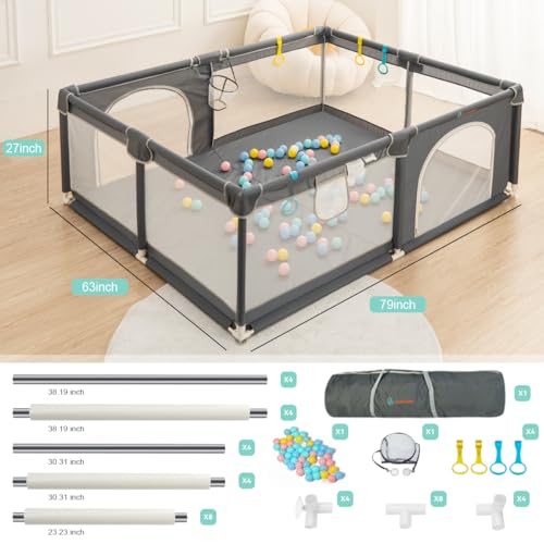 Image of COMOMY Baby Playpen for Toddlers, 79 inch x 63 inch Extra Large Playard, Safe and Non-Slip Baby Fence, Full Mesh Design, Indoor & Outdoor Kids Activity Center, Babies Play Pens (Dark Grey)
