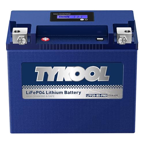 Image of TYKOOL LFP20-BS-PRO Lithium Battery, Replaces YTX20-BS YTX20H-BS GYZ20H, 650CCA 12Ah fits for Indian Chief Scout Arctic Cat Alterra ZR 8000 Yamaha SR Viper Moto Guzzi California, Digital Readout [+ -]