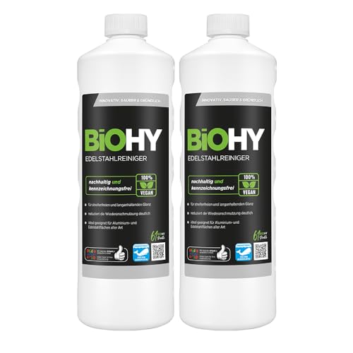 BiOHY Nettoyant pour acier inoxydable (2 x 1l Bouteille) | Entretien de l'acier inoxydable pour un nouvel éclat sans traces | Protection digitales, les taches (Edelstahlreiniger)