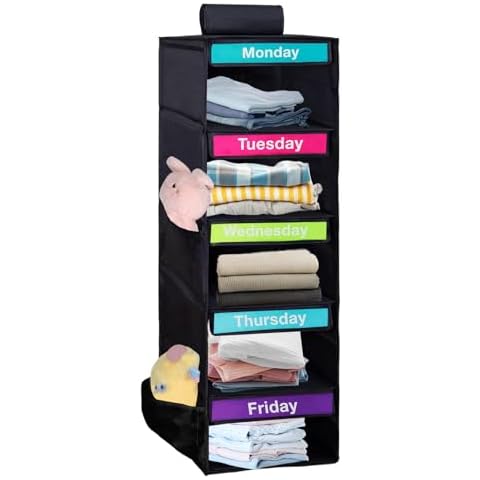 Weekly Clothes Organizer for Kids, Monday Through Friday Clothes Organizer, 5 Day Clothes Organizer Kids, Hanging Closet Organizer, Days of The Week Clothes Organizer, Closet Hanging Organizer (Black) Cover