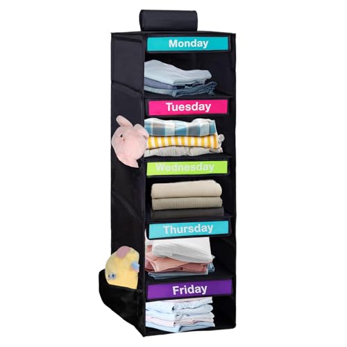 Weekly Clothes Organizer for Kids, Days of The Week Clothes Organizer with 6 Side Pockets, 5-Shelf Hanging Closet Organizer with Monday Through Friday Labels, Weekly Clothing Prepare & Divider by Hoohnnaa - Used condition - US$16.57