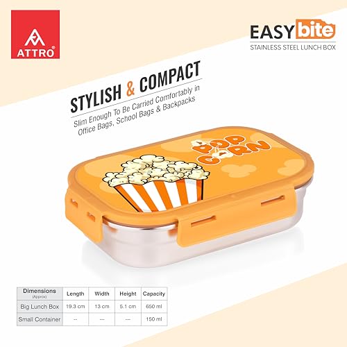 Image of ATTRO Easy Bite Stainless Steel Lunch Box with Inner Steel Body, Airtight 4-Side Lock Lid, Leakproof Silicone Seal, Small Container Office School Kids Tiffin Box - 650ml+150ml-Popcorn Crunch Orange