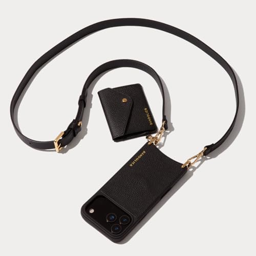 Bandolier Remi Crossbody Phone Case for iPhone 17 Pro Max. 100% Genuine Pebble Leather. Black with Gold Hardware. Removable Wallet. Adjustable & Removable Strap. Magnetic Backing. Magsafe Compatible.