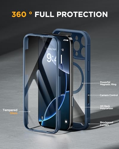 Image of Miracase for iPhone 16 Pro Max Case 6.9'', [Bubble Free] Full-Body Bumper Phone case with Built-in Full Glass Screen &Lens Protector,Compatible with MagSafe,Drop Proof 16 Pro Max Cover,Blue