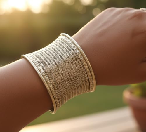 Image of Touchstone Indian Bollywood Desire Brass Base Exotic Workmanship Free Size Cuff Bracelet in Antique Gold Or White Or Copper Tone for Women.