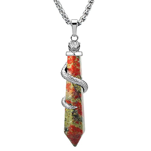BEADNOVA Healing Crystal Necklace for Women Men Natural Unakite Crystal Snake Tail Wrap Pendant Energy Healing Gemstones Jewelry Pendulum Crystal Divination (Hexagonal, 18 Inches Stainless Steel Chain)