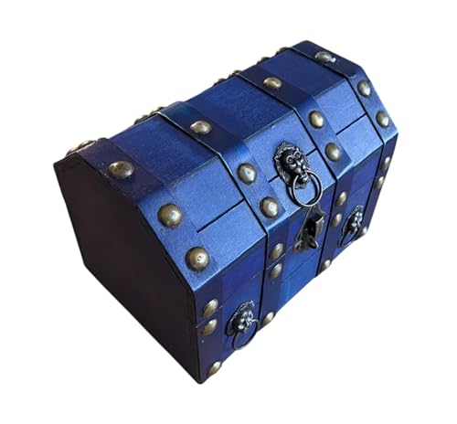 Pirate Treasure Chest - Vintage Memory Box or Keepsake Holder - Lockable Storage Jewellery Box for Keepsakes, Jewelry, and Trinkets - Antique Wooden Pirate Treasure Chest - Kids Gift - Blue