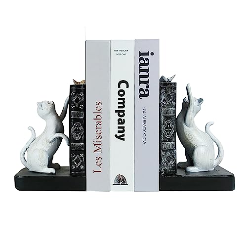 LIFFY Decorative Bookends, Heavy Duty Resin Cat Bookends, Non-Skid Bookshelf Stopper, Cute Cat Figures for Shelves, Study, Office Desk (White, 1 Piece)