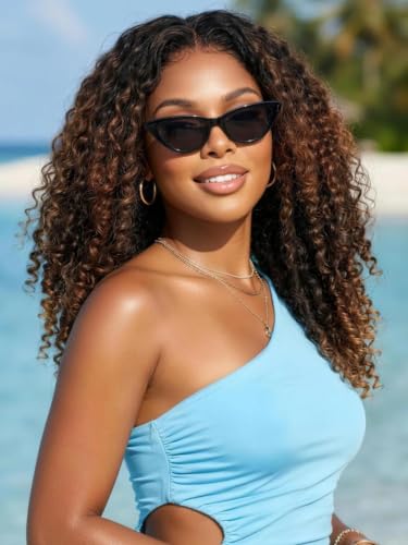 Image of KLAIYI Ombre Brown Burmese Curly Pre Cut 7x5 Lace Front Wigs Human Hair 20 inch | Bye Bye Slip Glueless Drawstring Wig Finger Coil End Black to Chestnut Brown Pre Plucked Bleached Knots Ready to Wear Go Wig