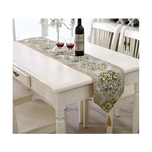 Chemin de table vert lavable pour protéger table bois motif fleur broderie