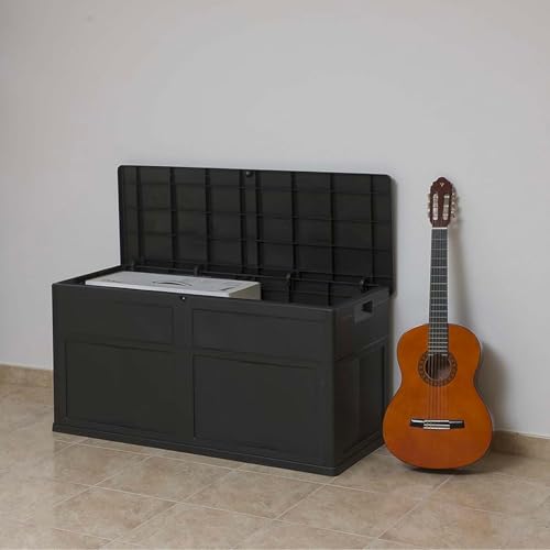 Avilia Baúl portaobjetos de exterior – Baúl para herramientas y artículos de jardinería, de resina resistente y paneles de madera, 320 l, 119 x 46 x 60 cm, negro - imagen 8