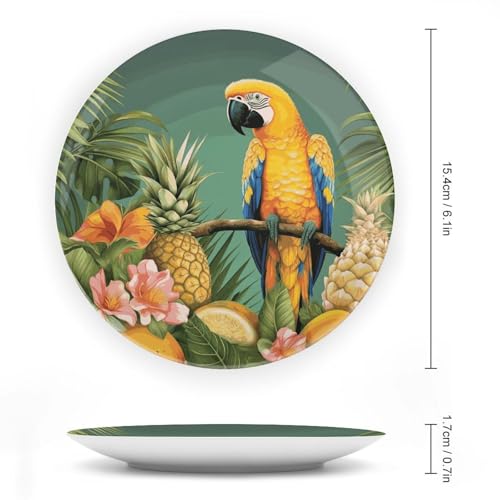 Plato decorativo de cerámica estampado piña y loro de porcelana 3