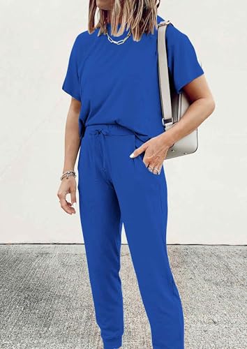 Image of PRETTYGARDEN Women's Two Piece Outfit Short Sleeve Pullover with Drawstring Long Pants Tracksuit Jogger Set