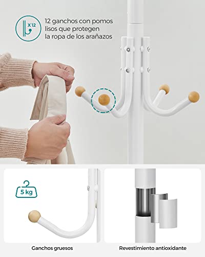 Miniatura 4 de Songmics Perchero De Pie, Perchero De Metal Con 12 Ganchos, 4 Patas, Para Colgar Abrigos, Sombreros Y Bolsos, Para Entrada, Dormitorio, Oficina, Blanco Rcr031w01