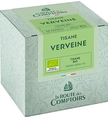 La Route des Comptoirs Organic Verbena (Verveine) Herbal Tea, 40 individually wrapped Tea Sachets per box, nylon-free tea sachets.