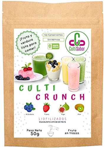 CultiCrunch Arándano, Fresa, Higo y Kiwi liofilizados en trozos 50 g Fruta Liofilizada Deshidratada sin Aditivos Freeze Dried Blueberry, Strawberry, Fig and Kiwi Mix Cover