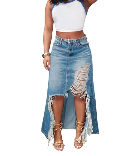 Women's High Waisted Denim Midi Skirts Distressed Ripped Raw Edge Slit Jean Wrap Skirt
