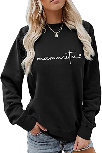 Image of ESIKAH Mamacita Sweatshirt Mama Sweater Women Crewneck Pullover Top Mexican Fiesta Latina Shirt Cute Spanish Black