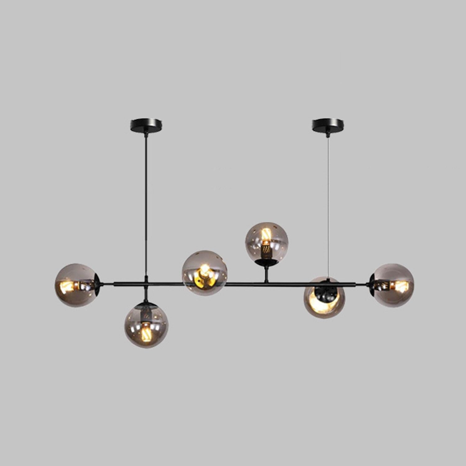 Moddeny Black + Smoky Gray 6 Light E27 Modern Chandelier Northern Europe Glass Ball Hanging Lights Industrial 130Cm Ceiling Pendant Lamps For Living Room Dining Room Art Decoration Restaurant (Black + Smoky Gray)