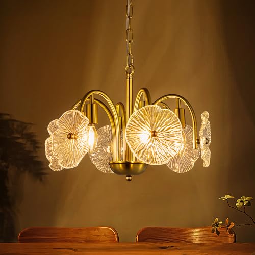 Chende ペンダントライト 蓮の葉 ガラス 北欧 天井照明 シャンデリア 6灯 LED対応 おしゃれ 和風 花系 ハスの葉 クリア 真鍮 インテリア 昭和レトロ クラシック アンティーク カフェ 寝室 リビング ダイニング 食卓用 一人暮らし 吊り下げ