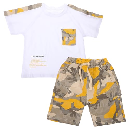 Conjunto de ropa de verano para niño camiseta y shorts de algodón amarillo camuflaje talla 90