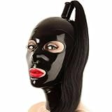 Black Latex Hood Mask BDSM Latex Head Cover with Ponytail Open Eyes Mouth Unisex Party Cosplay Club Costumes(Size:S-63CM)