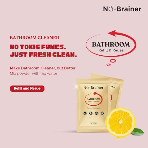 Image of NO BRAINER Bathroom Cleaner Powder to Liquid | Natural Plant‑Based, Non -Toxic | Citrus Fresh for Tiles, Taps |No Bleach, No Residue | Kid & Pet Safe | No Plastic Waste (10 Pouch for 5 Litres)