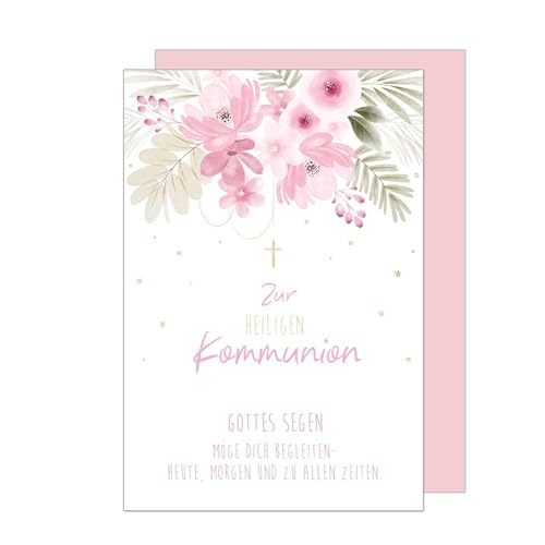 Edition Seidel Premium Glückwunschkarte zur Kommunion mit Umschlag. Kommunionskarte Karte mit Spruch Grusskarte Kreuz Blumen Junge Mädchen (KO299 SW024)