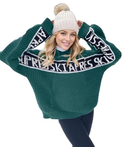 JIGOVESX Women Sweaters Walf Checks Chunky Apres Ski Sweater Stripe Colorblock Casual Print Pullover Tops Green M
