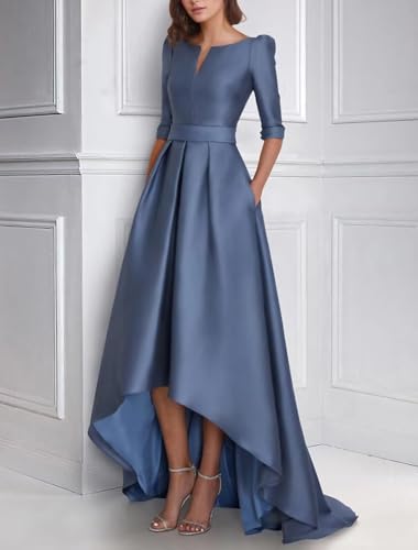 Satin High Low Prom Dresses for Women with Sleeves Formal Evening Dress Elegant A Line Wedding Guest Dress3