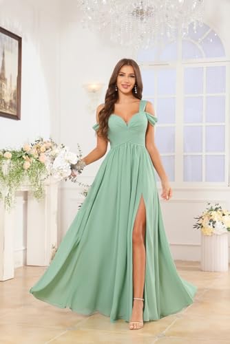 GUKARLEED Women’s Cold Shoulder Bridesmaid Dresses Wrap Ruched Chiffon A-line V Neck Long Slit Formal Dress for Wedding Guest3