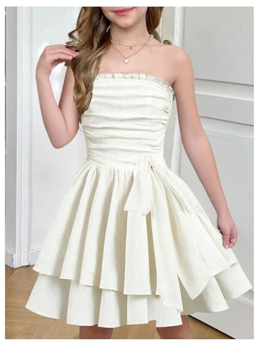 SHENHE Girl's Summer Party Holiday Dress Ruched Strapless Layered Ruffle Smocked Tube Dress3