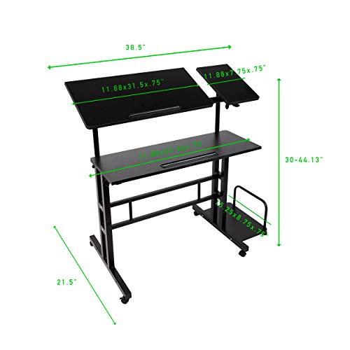 Mind Reader Woodland Collection, Mobile Sit/Stand Laptop Desk With Side Storag Adjustable, Tiltable, Lockable Casters, Portable, X-Large, Black #TOP3