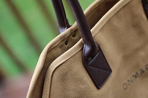 Onmaru Heavy Duty Waxed Canvas Log Carrier Tote, Large Fire Wood Bag, Firewood Holder, Outdoor Camping, Bbq Wood Stove Accessories. 2Style (Open, Closed Side Wall) Tote Bag Combo, Green/Brown #TOP3