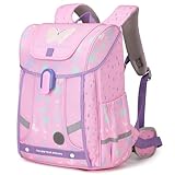 Amythe Schulrucksack Mädchen Ergonomisch 1-4. Klasse mit Brustgurt, Kinderrucksack Schule 6-10 Jahre Schulranzen mit Abnehmbarer Gürtel und Reflektierend-Rosa