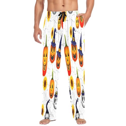 Qilmy Halloween Fun Pumpkin Men's Cotton Pajama Pants, Lightweight Lounge Sleepwear with Drawstring and Pocket