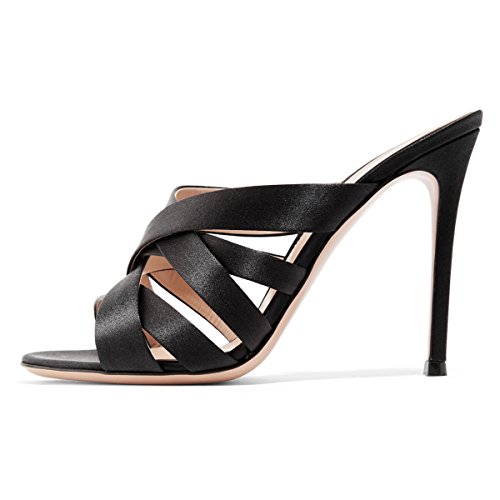 FSJ Women Strappy Satin Open Toe Sandals Stiletto High Heels Mules Slip On Shoes Size 4-15 US