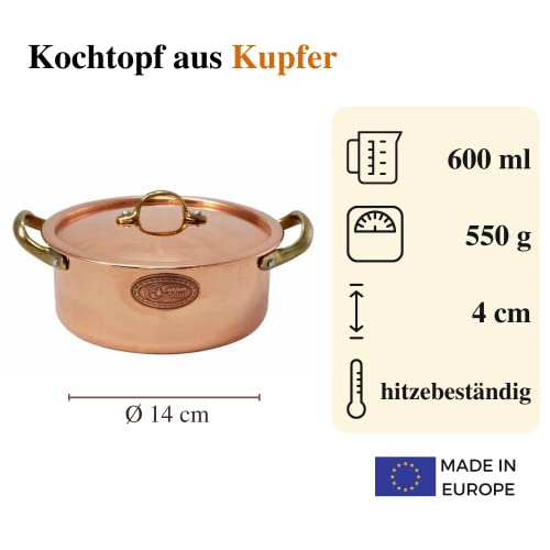 Foto von CopperGarden Kupfertopf mit Deckel I Kochtopf aus Kupfer mit 14 cm Durchmesser & 0,6 L Fassungsvermögen I Kupfer-Kochtopf mit Edelstahl beschichtet I Küchentopf für alle Lebensmittel