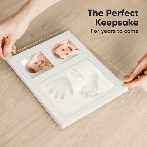 Image of AbhiKalpya Art Studio Baby Handprint & Footprint Keepsake Kit with Frame | Soft Clay Newborn Memory Gift White Set of (1) (Baby Keepsake)