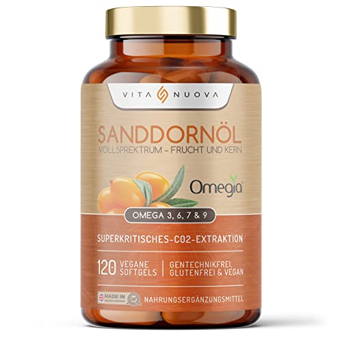 Sanddornöl – 120 Softgels – Omega 3, 6, 7 & 9 – Vollsprektrum – Frucht Und Kern – Vegan – Ohne Zusätz (120 Softgelkapsel)