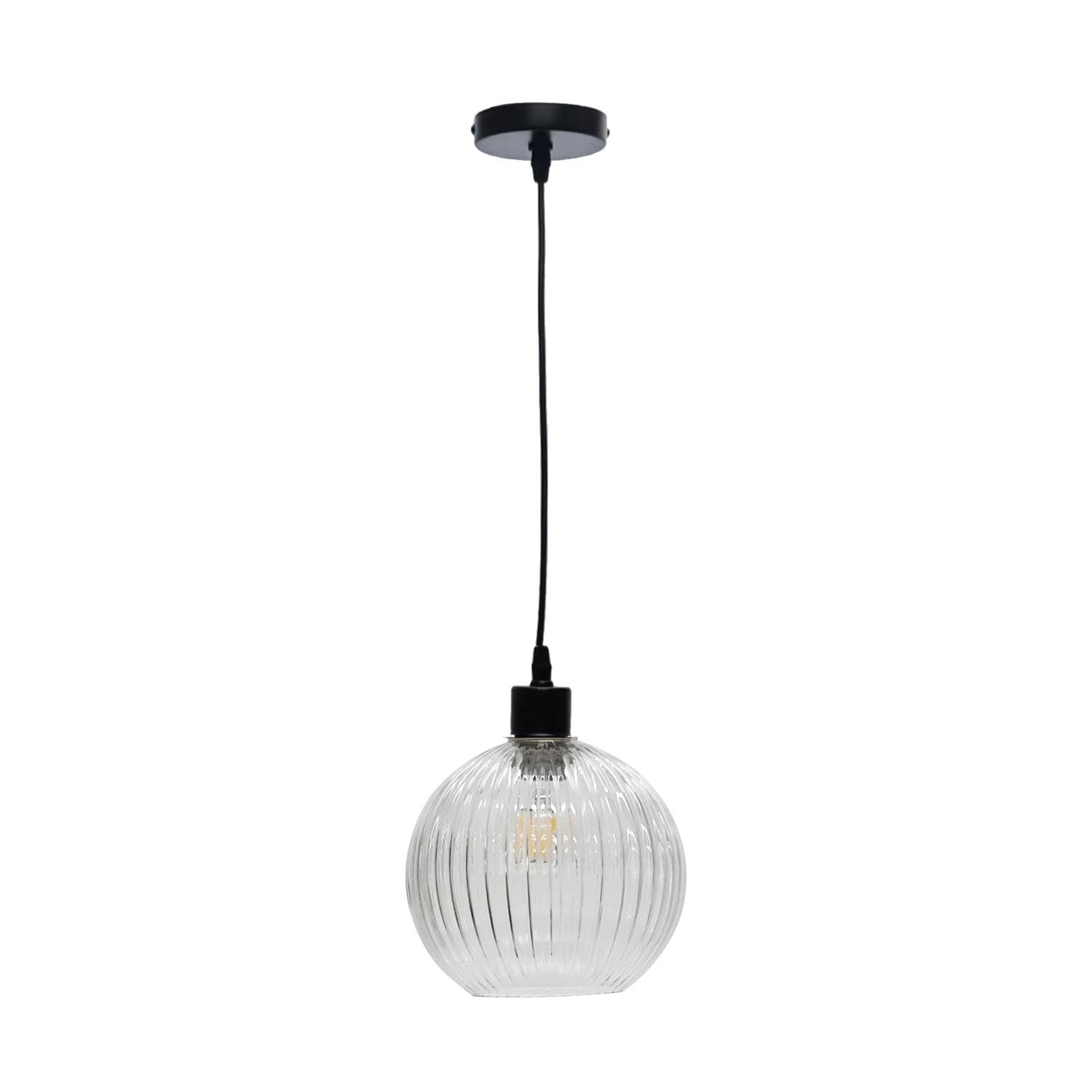 Firstchoicelighting Black & Clear Ribbed Glass Globe Ceiling Light Pendant With Black, Height Adjustable 23-130Cm, Kitchen Island Dining Lighting