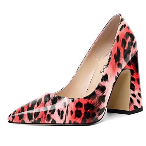 MOVINSTEPS Womens Party Slip On Dress Patent Pointed Toe Chunky High Heel Pumps Shoes 4 Inch